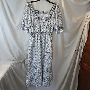 Roolee Women's Long Floral Dress Blue/white Cottagecore Peasant Fairy Sz M